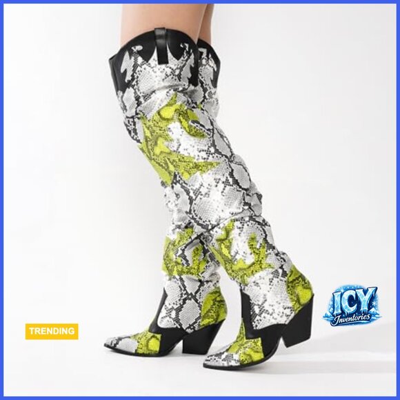 Thigh High Cowboy Boots with Chunky Heel - Faux Snakeskin Western Booties - Picture 3 of 7